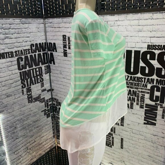 Cha Cha Vente M Mint Green Striped Sheer Step- Hem Short Sleeve Tee - Picture 3 of 6